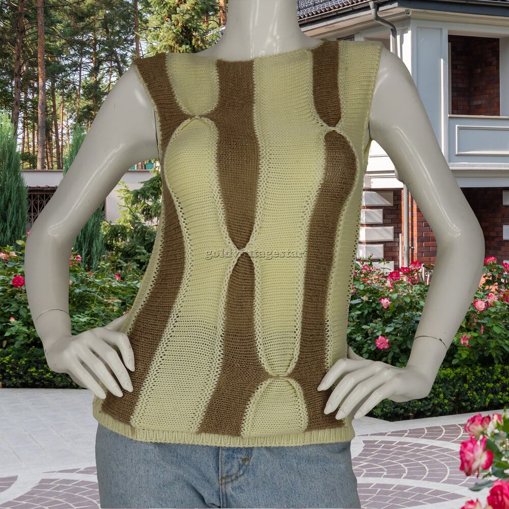Chic Vintage Knit Vest in Brown & Cream XXS